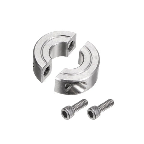 Two-Piece Clamp-On Shaft Collar For 5/8 Inch Shafts, Double Split Design, 1-5/16 Inch Outer Diameter, 7/16 Inch Width, 304 Stainless Steel Axle Collar With Set Screw, High Locking Force, Anti-Corrosion, Positioner Stop, shown open with screws