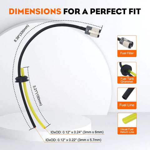 BeefedUp Fuel Line Kit With 2 Hole Grommet Assembly dimensions and components for Husqvarna and RedMax tools