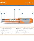 Go-To RC-51H USB Temperature Data Logger Reusable Digital Recorder For Medical Refrigerators And Food Cold Chain, Programmable Thermometer Monitor With 32000 Data Points, High Accuracy, Quick PDF Export Without Software, orange pen-shaped USB logger with LCD