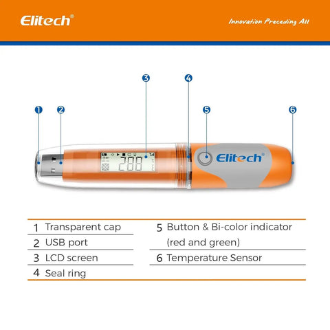 Go-To RC-51H USB Temperature Data Logger Reusable Digital Recorder For Medical Refrigerators And Food Cold Chain, Programmable Thermometer Monitor With 32000 Data Points, High Accuracy, Quick PDF Export Without Software, orange pen-shaped USB logger with LCD
