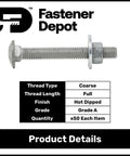 3/8-16 X 4 Inch Hot Dip Galvanized Carriage Bolt Kit Grade 307A With 50 Flat Washers And 50 Hex Nuts For Exterior Use Beefy All Weather Heavy Duty Outdoor Hardware Kit shown in product details with coarse thread and each item included.
