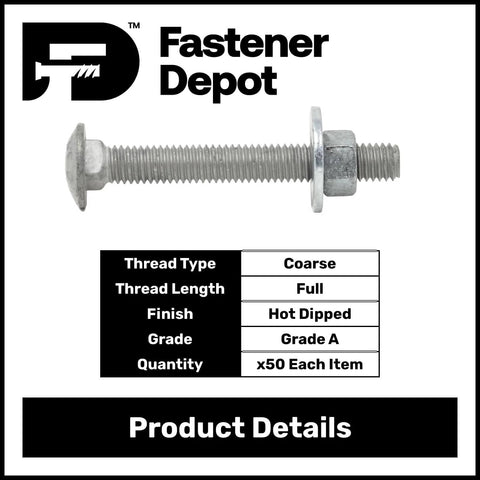 3/8-16 X 4 Inch Hot Dip Galvanized Carriage Bolt Kit Grade 307A With 50 Flat Washers And 50 Hex Nuts For Exterior Use Beefy All Weather Heavy Duty Outdoor Hardware Kit shown in product details with coarse thread and each item included.