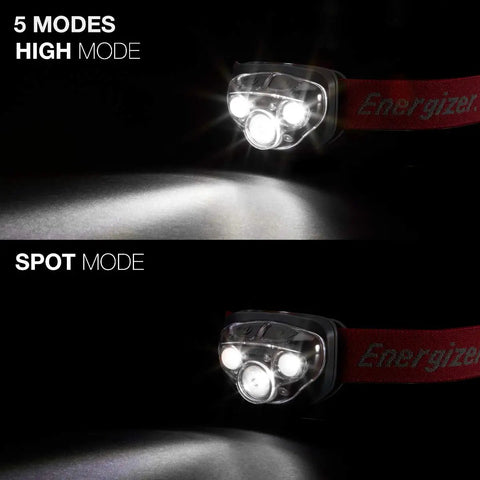 Pro-315 LED Headlamp With IPX4 Water Resistance All Weather Hands Free Light showing 5 modes and spot mode on dark surface