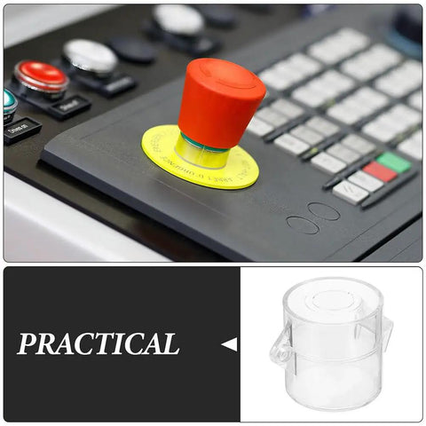 Emergency Stop Button Cover With Durable Plastic Guard 2.16 Inch Push Button Lockout Protector shown on control panel