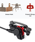 MTB hydraulic disc brake set with brake pads and lever; black lever, red caliper detail, installed view