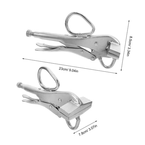 Heavy Duty Adjustable Locking Steel Plate Clamp Pliers for auto body repair and welding, wide duckbill jaw dimensions shown