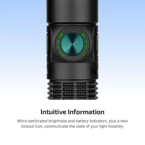 Close-up of Baton4 Pro EDC Flashlight Tiny Pocket Sized 1600 Lumen LED Light with green tactical switch detail.