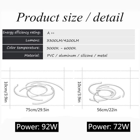 Product size chart for Remote Controlled Dimmable LED Ceiling Light, 75cm and 56cm, energy rating A++, 3300LM-4200LM.