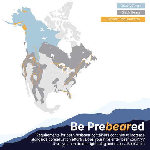Map showing canister requirements for BV475 Trek Portable Bear Resistant Canister For Backpackers with bear habitats highlighted.