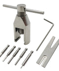 Pinion Gear Puller Kit For RC Motors and Pinion Removal with five pins, hex key, and metal components.