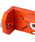 Close-up of Heavy Duty Aluminum Profile Drill Guide and Tap Jig for 20 30 40 Series Extrusions precision alignment tool, orange finish.