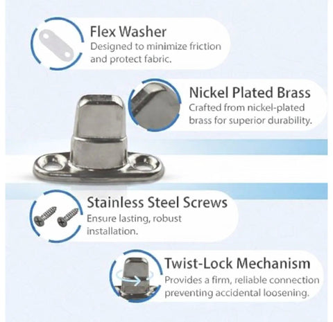 EZ-Xtend marine twist-lock fastener; nickel-plated brass turn button with stainless screws, short-base, 10-pack