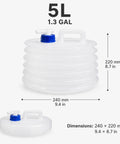 5L collapsible water container with spigot for camping and road trips, space saving outdoor water carrier, 1.3 gallons, dimensions shown
