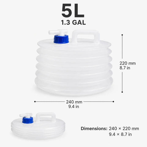 5L collapsible water container with spigot for camping and road trips, space saving outdoor water carrier, 1.3 gallons, dimensions shown