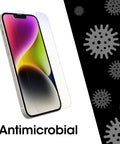 Amplify Glass Antimicrobial Blue Light Screen Protector For iPhone 14 Plus with phone illustration and germ icons