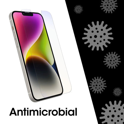 Amplify Glass Antimicrobial Blue Light Screen Protector For iPhone 14 Plus with phone illustration and germ icons