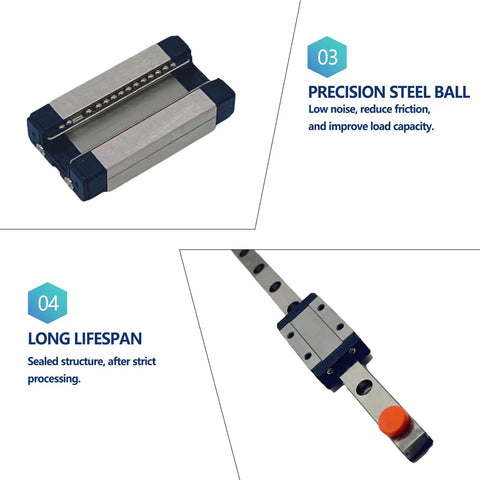 Mini Linear Guide Rail 400mm Pair With MGN9H Sliding Block shown with precision steel ball and sealed structure for reduced friction