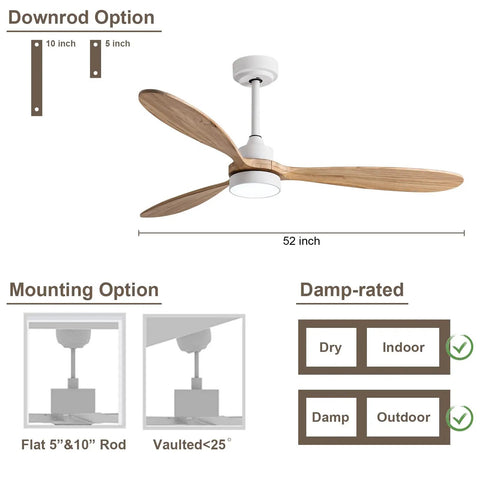 Cool 52 Inch Wood Ceiling Fan With Light And Remote, 6 Speed Quiet DC Motor, Low Profile Indoor Outdoor Ceiling Fan diagram