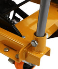 Close-up of Heavy Duty 330Lbs Hydraulic Lift Table Cart With Four Locking Wheels, showing metal bolts and structure.