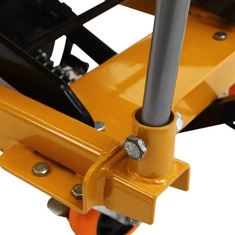 Close-up of Heavy Duty 330Lbs Hydraulic Lift Table Cart With Four Locking Wheels, showing metal bolts and structure.