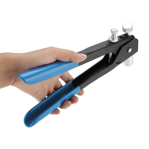 Slick Yellow Wood Saw Push Stick Kit With 86pcs Rivet Nut Tool Set For Table Working, High Strength Aluminum Body And Non Slip Handle Perfect For Carpentry Projects Using Threaded Mandrels, hand holding blue handle tool