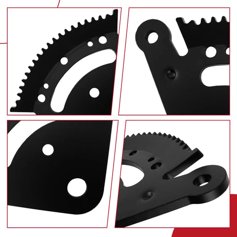 Badass Steering Sector Pinion Gear Rebuild Kit Crushes Worn Mower Teeth, featuring black metal parts with sharp teeth and holes.