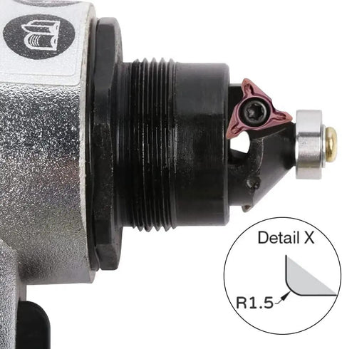 Close-up of Mini Pneumatic Chamfering Machine JIUNENG with replaceable blade for precision metal edge beveling.