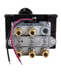 Front view of Dual PTO Valve Kit With Kickout For PTO And Dump Pump, Heavy Duty Hydraulic Control, metal body with wiring.