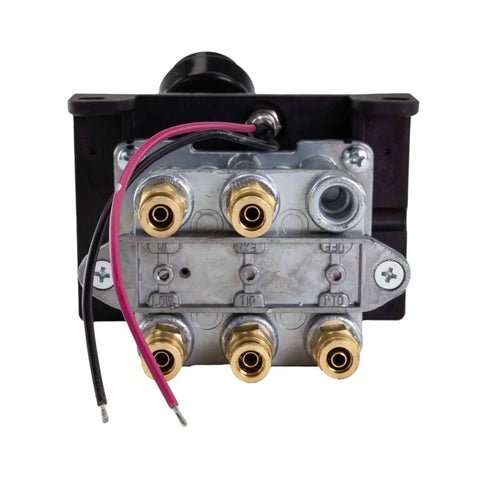Front view of Dual PTO Valve Kit With Kickout For PTO And Dump Pump, Heavy Duty Hydraulic Control, metal body with wiring.