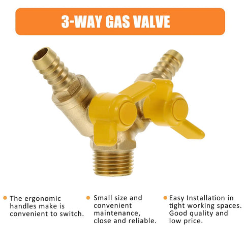 Hardened Brass Three Way Ball Valve With Dual Handles Quick Connect Y Pattern Body For Gas And Pneumatic Systems Built Tough With Rock Solid Seals No Sweat Operation Guaranteed, featuring yellow ergonomic handles.
