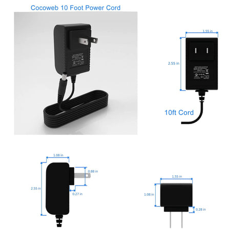 Diagram and dimensions of Cocoweb 10 foot power cord with plug and measurements, showing side and front views.