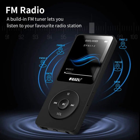 Dope 32GB MP3 Player With Bluetooth 5.3 showing FM radio feature with tuner frequency icons and sleek design