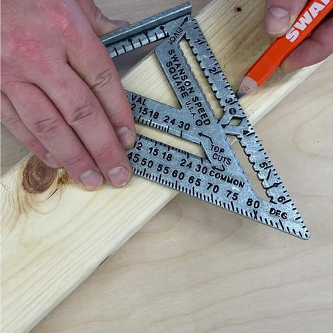 Kill Precision Work With This 7 Inch Speed Square Layout Tool featuring metal edge marking precise angles on wood.