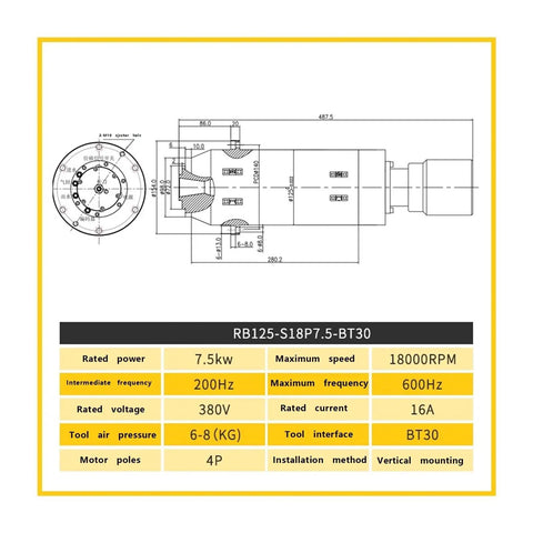 Technical diagram and specifications of Water Cooled Tool Change Round Spindle for CNC Machine Tools Metalworking BT40.
