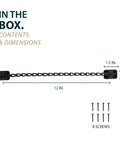 Super Slick 12 Inch Transom Door Chain Hardware For Windows And Cabinets, Matte Black with 8 screws and dimensions shown.