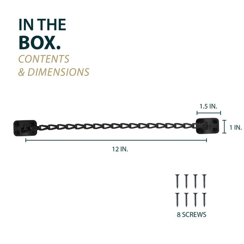 Super Slick 12 Inch Transom Door Chain Hardware For Windows And Cabinets, Matte Black with 8 screws and dimensions shown.