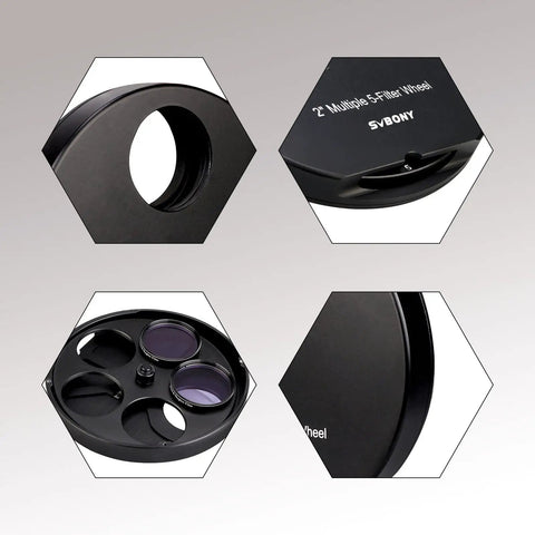 Five Position Telescope Filter Wheel For 2 Inch Eyepieces With Adapter And Lock Ring, showing multiple angles and filter slots.