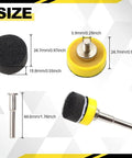 Size details of Five Pack One Inch Hook And Loop Sanding Disc Backing Pad Kit with One Inch Shank Drill Attachment and foam pads.