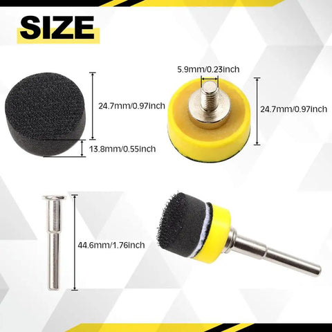 Size details of Five Pack One Inch Hook And Loop Sanding Disc Backing Pad Kit with One Inch Shank Drill Attachment and foam pads.