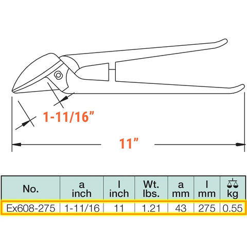 Diagram of Non Sparking 11 Inch Cutting Shears With Aluminum Bronze, dimensions and model EX608-275A highlighted.