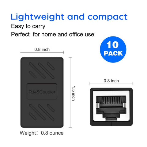 RJ45 Cat6 Ethernet Extender Coupler Female To Female High Speed Network Cable Joiner For Extending Length Copper Gold Plated Contacts, 10 pack