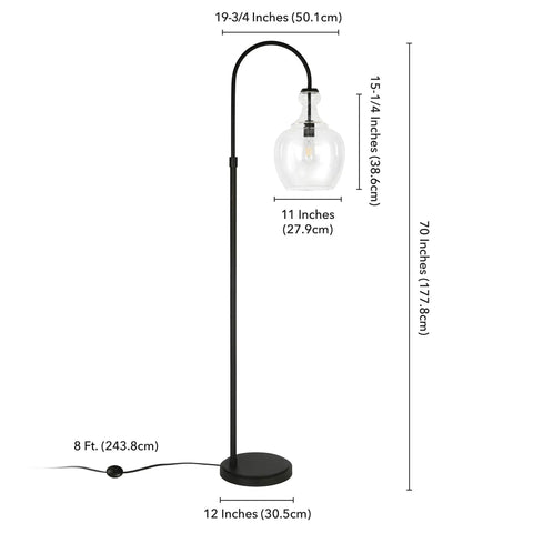Tall Arc Floor Lamp With Glass Shade In Blackened Bronze And Clear Finish, Dope 70 Inch Standing Lamp with dimensions