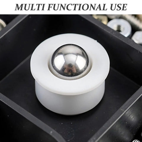 Close-up of a 12pcs Steel Ball Transfer Casters with Nylon Housing, 0.7x0.5in, showing a shiny ball in white housing for furniture use.