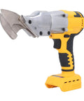 Heavy Duty Cordless Metal Shear Cutter With Powerful Brushless Motor, 20V Li Ion Battery, High Torsion Electric Scissor For Garage And DIY Projects, Yellow Finish, Smooth And Accurate Cutting Action Image of yellow cordless electric metal shear cutter with metallic blades.