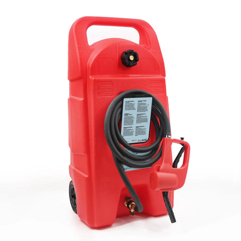 34 Gallon Fuel Caddy With Portable Design Manual Transfer Pump And 10 Ft Delivery Hose On Wheels Diesel And Gas Storage For ATVs Cars Lawn Mowers Boats Red