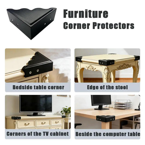 Heavy Duty Black Metal Corner Guards Set Of Four, Built Like A Tank Industrial Edge Protectors With Decorative Textured Finish for bedside table corner.