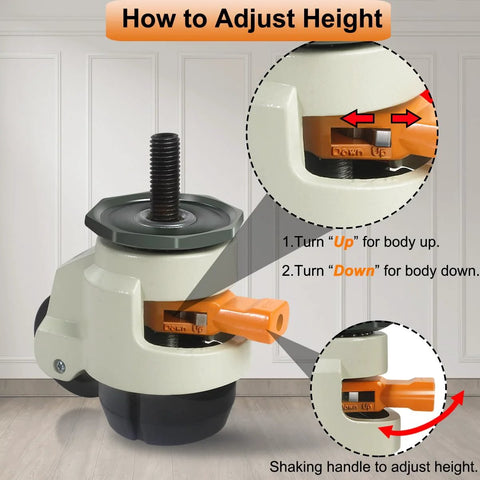 Heavy Duty Leveling Stem Casters Set Of 4 With M12 Threads, Adjustable Height Retractable Caster Wheels, 2200 Lbs Capacity
