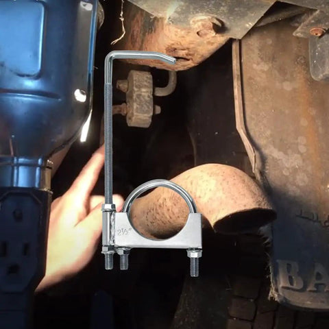 2.5 Inch Universal Exhaust Clamp With Hanger For Cars And Rigs, installed on exhaust pipe, zinc plated, heavy duty bracket
