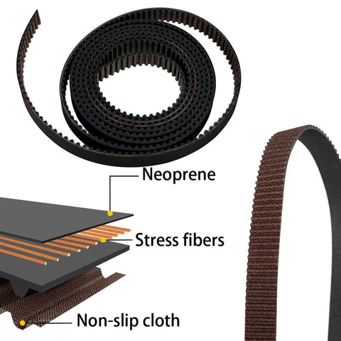 Close-up of neoprene timing belt with stress fibers and non-slip cloth layers for 3D printer stability and precision.