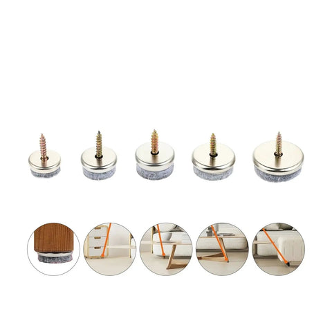 Top Shelf Screw On Floor Protectors And Table Glides 24 Pack Universal Furniture Leg Pads With Silky Felt Bottoms No Sweat Setup To Shield Hardwood Floors From Daily Wear And Tear, showing metal and felt pads.
